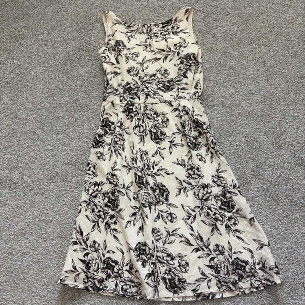 Ann Taylor Babydoll Midi Dress Womens 4 Cream Brown Floral Chic Romantic English - Picture 6 of 7